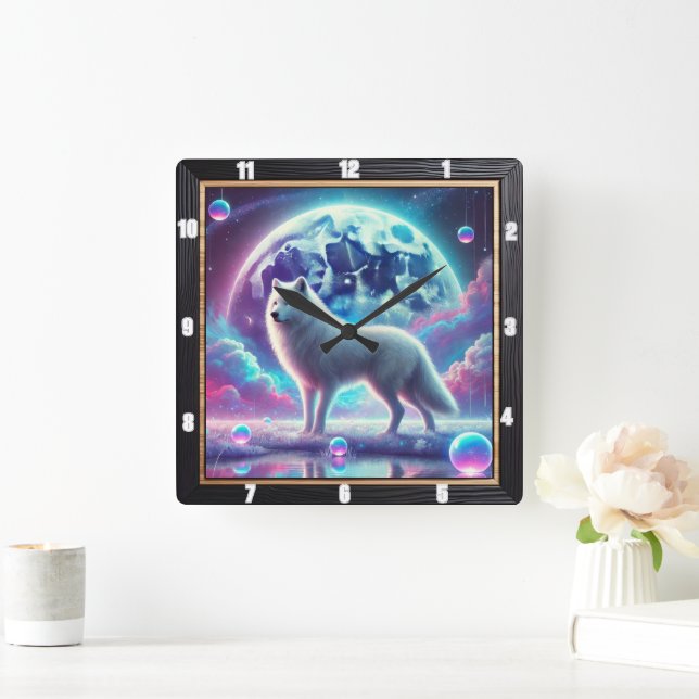 Horloge Carrée Le rêve lunaire du loup (Maison)