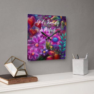Horloge Carrée Le Timing de Dieu est parfait Floral Abstrait rose
