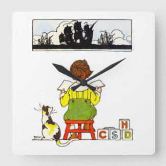 Horloge Carrée Lecture de garçon avec chat