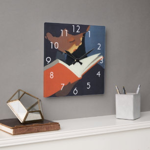 Horloge Carrée Lecture vintage d'un livre à partir de la biblioth