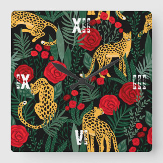 Horloge Carrée Leopard Red Roses Animal Safari Feuilles verts