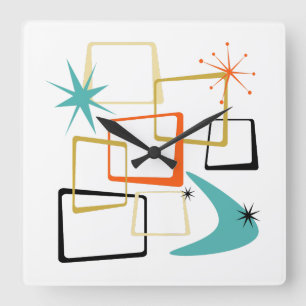 Horloge Carrée les années 50 Carrés atomiques Boomerang Starburst