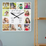 Horloge Carrée Les bonnes choses se passent au blanc de 12 photos<br><div class="desc">Horloge photo pour grands-parents avec 12 de vos photos préférées. Créez votre propre collage photo de style grille et ajoutez les noms des petits-enfants (2 à 8 noms semble mieux). La citation dit "de bonnes choses arrivent chez grand-mère". Le design est écrit à la main et la typographie fantaisiste sur...</div>