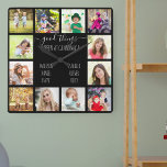 Horloge Carrée Les bonnes choses se passent sur les 12 photos noi<br><div class="desc">Horloge photo pour grands-parents avec 12 de vos photos préférées. Créez votre propre collage photo de style grille et ajoutez les noms des petits-enfants (2 à 8 noms semble mieux). La citation dit "de bonnes choses arrivent chez grand-mère". Le design est écrit à la main et la typographie fantaisiste sur...</div>