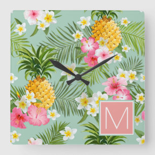 Horloge Carrée Les Fleurs tropicales Add Your Initial