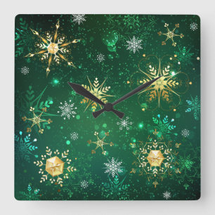 Horloge Carrée Les flocons dorés de Noël sur l'Arrière - plan ver