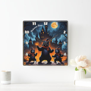 Horloge Carrée Les ours d'Halloween fêtent dans un château hanté