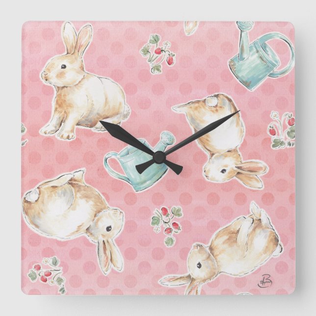 Horloge Carrée Les Patterns de Springtime Bunnie (Recto)
