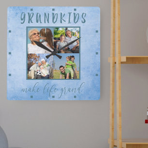 Horloge Carrée Les petits font la vie Grand 4 Photo Blue Watercol