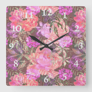 Horloge Carrée Les pivoines roses fleurs roses bouquet de jardin 