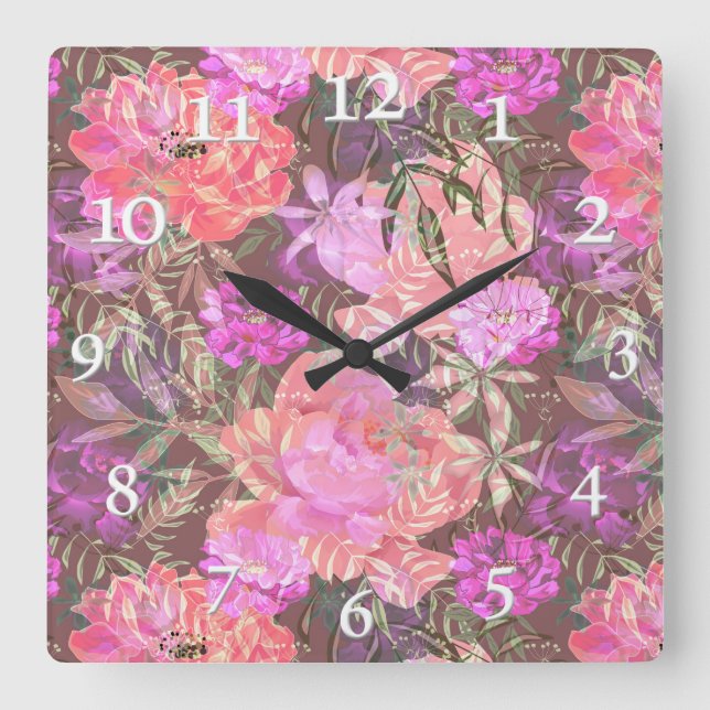 Horloge Carrée Les pivoines roses fleurs roses bouquet de jardin  (Recto)