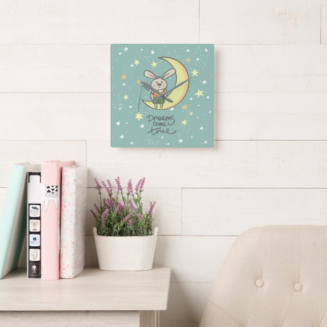 Horloge Carrée Les rêves deviennent réalité | Lapin sur la Lune (Salle de lecture)