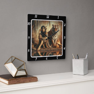 Horloge Carrée L'esprit autochtone : Le regard du tigre de ruisse