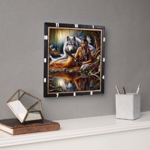 Horloge Carrée L'esprit indien au temps : le feu de camp