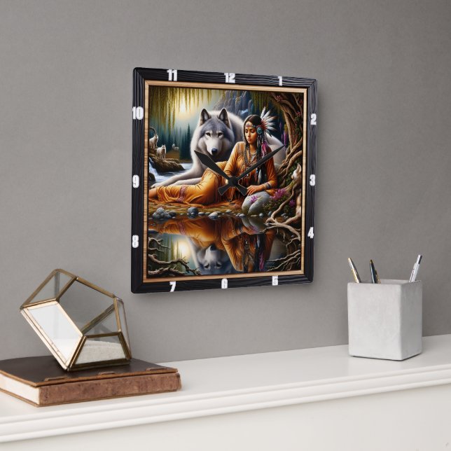 Horloge Carrée L'esprit indien au temps : le feu de camp (Bureau)