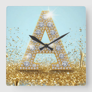 Horloge Carrée Lettre A de luxe en diamant sur fond de paillettes