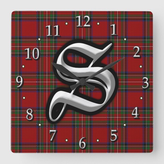 Horloge Carrée Lettre Clan Stewart S Monogram Royal Red Tartan (Recto)