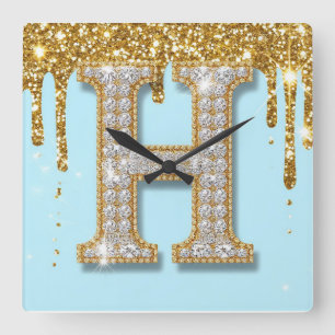 Horloge Carrée Lettre H de luxe en diamant sur fond de paillettes