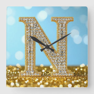 Horloge Carrée Lettre N de luxe en diamant sur fond de paillettes