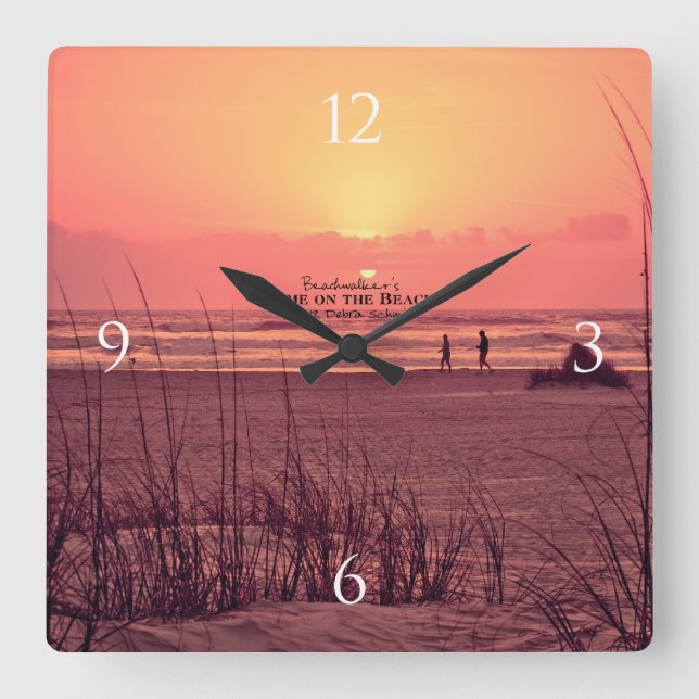 Horloge Carrée Lever de soleil sur l'océan Walking Couple (Recto)