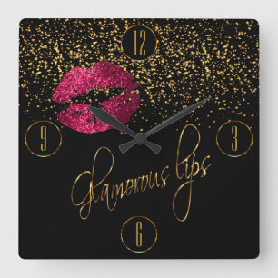 Horloge Carrée Lèvres roses chaudes glamour et Confetti or