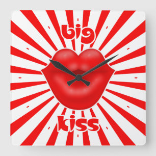 Horloge Carrée Lèvres rouges rayons solaires gros bisou