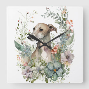 HORLOGE CARRÉE LÉVRIER WHIPPET À L'AQUARELLE AVEC FLEURS SAUVAGES