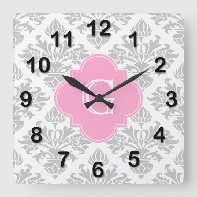 Horloge Carrée Lg Gris Blanc Floral Damas #3 Étiquette rose Monog (Recto)