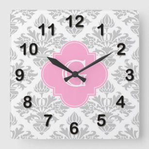 Horloge Carrée Lg Gris Blanc Floral Damas #3 Étiquette rose Monog