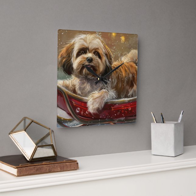 Horloge Carrée Lhasa Apso Chien Fête de Noël (Bureau)