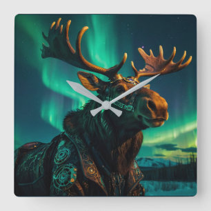 Horloge Carrée L'hiver Aurora et Steampunk Moose Wildlife Art