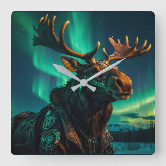 Horloge Carrée L'hiver Aurora et Steampunk Moose Wildlife Art