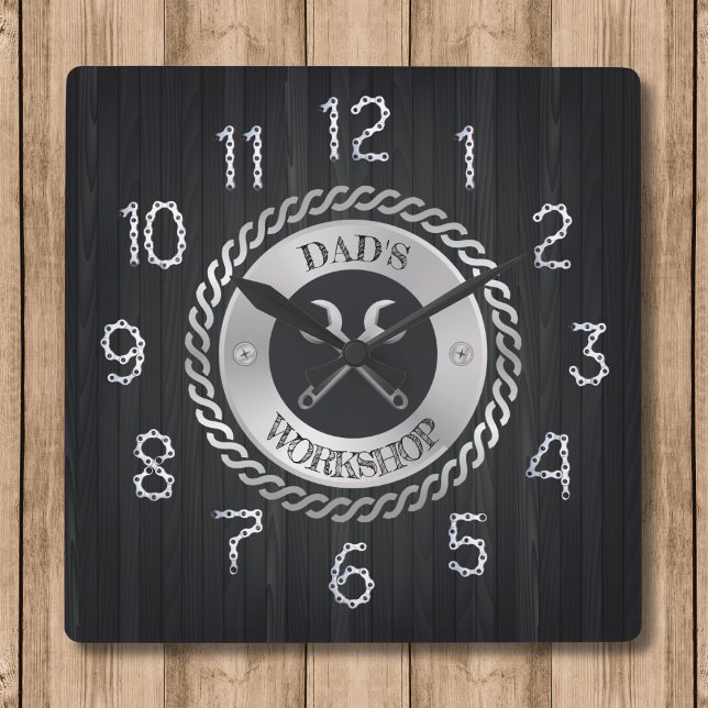 Horloge Carrée L'horloge du bricoleur de l'atelier de papa (Personalized Dad's Workshop Handyman Clock)