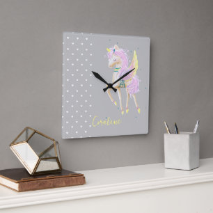 Horloge Carrée L'horloge murale présente un design unicorne migno