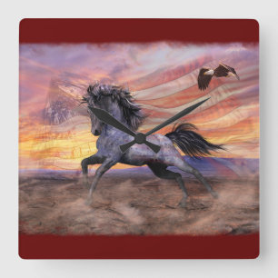 Horloge Carrée Liberté Mustang & Eagle Patriotique