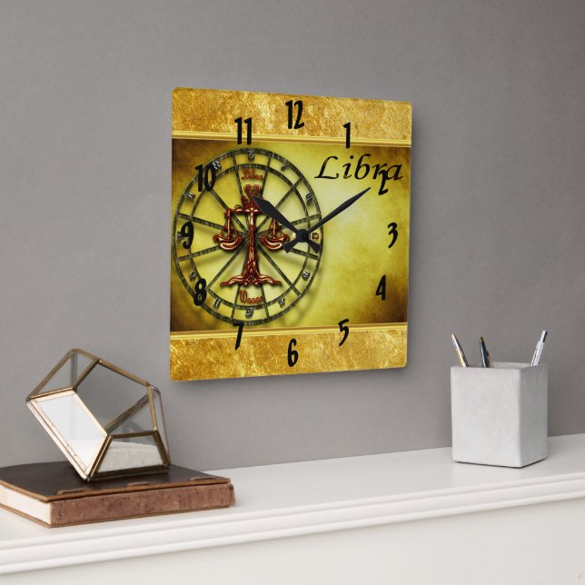 Horloge Carrée Libra Zodiac Astrologie feuille d'or texture desig (Bureau)
