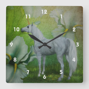 Horloge Carrée Licorne blanche cheval et fleurs Art Fantastique