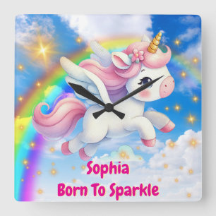 Horloge Carrée Licorne Magique Nom d'Enfant Personnalisable