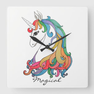 Horloge Carrée Licorne mignonne d'arc-en-ciel d'aquarelle