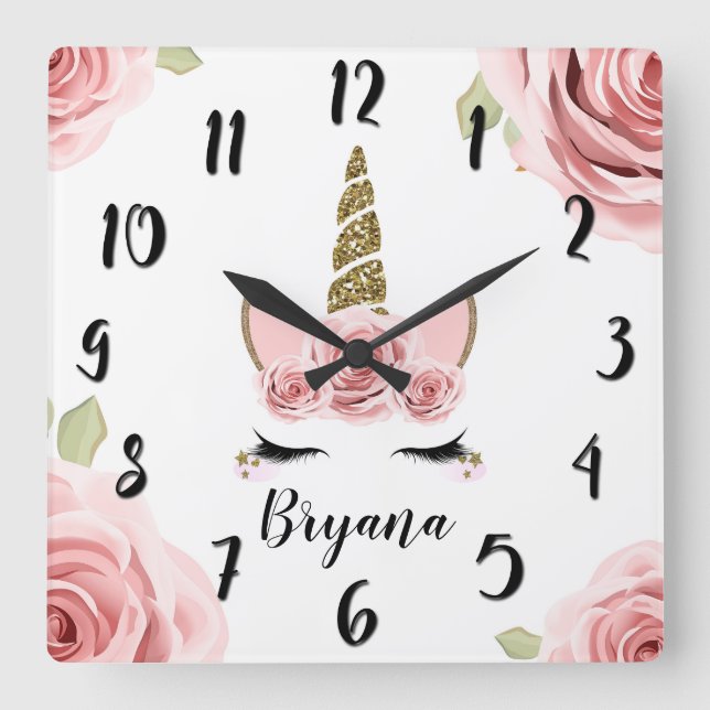 Horloge Carrée Licornes à paillettes dorées roses tendre Tendance (Recto)