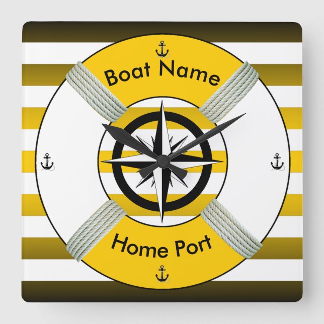 Horloge Carrée Lifebuoy~Cercle de vie ~Livesaver~ Gold Black & Wh (Recto)