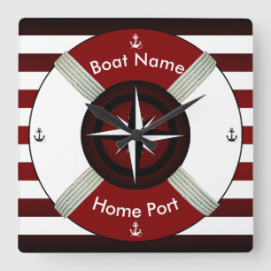 Horloge Carrée Lifebuoy ~ Life-Ring ~ Livesaver ~Maroon Bl & Wh~