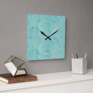 Horloge Carrée Light blue tropical palm leaves pattern