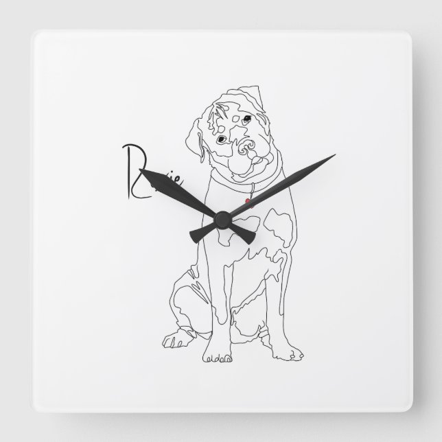 Horloge Carrée Ligne Art Rottweiler avec nom (Recto)