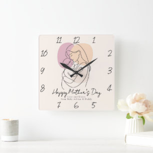 Horloge Carrée Ligne d'art moderne minimaliste Maman et bébé Fête