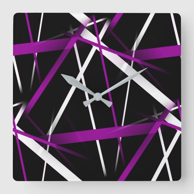 Horloge Carrée Lignes Abstraites violettes et blanches en noir (Recto)