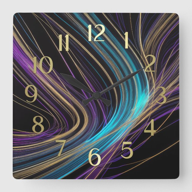 Horloge Carrée Lignes brillantes noires Conception abstraite Bleu (Recto)