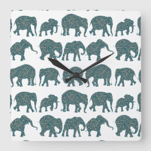 Horloge Carrée Lignes des éléphants de Paisley, cadran blanc