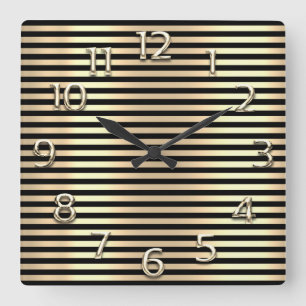 Horloge Carrée Lignes noires rayures de chiffres arabes d'or de