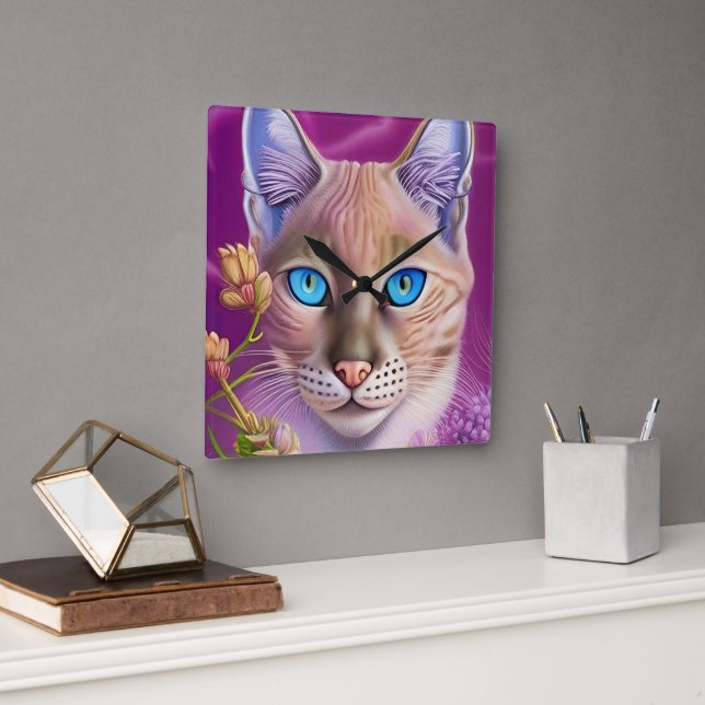Horloge Carrée Lilac Lynx pointe Chat siamois dans le violet (Bureau)